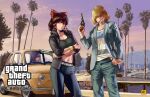  3girls alice_margatroid alternate_costume bangs belt black_bra black_eyes black_pants black_sweater blazer blonde_hair blue_jacket blue_pants bow bra bracelet brown_hair car cigarette city closed_mouth clouds commentary_request cookie_(touhou) cowboy_shot crossed_arms denim grand_theft_auto grand_theft_auto:_san_andreas ground_vehicle gun hair_over_eyes hair_tubes hakurei_reimu hand_in_pocket handgun highres holding holding_gun holding_weapon hollywood_sign jacket jeans jewelry jigen_(cookie) long_hair long_sleeves looking_at_viewer maru_(cookie) megafaiarou_(talonflame_810) motor_vehicle multiple_girls palm_tree pants patchouli_knowledge pistol purple_hair red_bow revolver river short_hair sky smoking sports_bra standing studded_belt sweater taisa_(cookie) teeth touhou tree underwear violet_eyes weapon 
