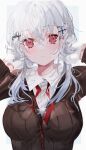  1girl bangs blush breasts cardigan collared_shirt eyebrows_visible_through_hair gloves hair_ornament hakase_fuyuki head_tilt looking_at_viewer medium_breasts nijisanji parted_lips pi_(math) shia_job shirt solo virtual_youtuber white_gloves white_hair 