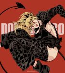  1girl black_footwear black_horns black_tail blonde_hair breasts carrotsprout character_name demon_tail dorohedoro foot_out_of_frame highres horns knees_up large_breasts long_hair looking_at_viewer nikaidou_(dorohedoro) open_mouth ponytail red_background red_eyes smile solo tail twitter_username 