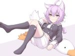  1girl :3 ahoge animal_ear_fluff animal_ears bangs black_blouse black_legwear blouse buttons cat_ears cat_girl cat_tail closed_mouth double-breasted hair_between_eyes hand_on_own_chest hololive looking_at_viewer lying neckerchief nekomata_okayu onigiri_print purple_hair sailor_collar school_uniform serafuku short_hair shorts simple_background smile socks solo sparkling_eyes stuffed_animal stuffed_duck stuffed_toy tail uchukurage_san violet_eyes virtual_youtuber white_background white_neckwear white_shorts 