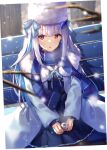  1girl :o bangs black_legwear blue_coat blue_hair blue_scarf blue_serafuku blue_shirt blue_skirt blurry blurry_foreground can coat commentary_request depth_of_field eyebrows_visible_through_hair fur-trimmed_coat fur_hat fur_trim hat highres holding holding_can lize_helesta long_hair looking_at_viewer multicolored_hair nijisanji on_bench open_clothes open_coat pantyhose parted_lips plaid plaid_scarf pleated_skirt red_eyes sailor_collar scarf school_uniform serafuku shirt sitting sitting_on_bench skirt snow snowing solo tree tree_branch two-tone_hair very_long_hair virtual_youtuber white_hair white_headwear white_sailor_collar yuuki_nao_(pixiv10696483) 