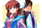  1980s_(style) 2girls :o anice_farm back-to-back bangs breasts brown_hair chouon_senshi_borgman crossover dated earrings eyebrows_visible_through_hair finger_to_cheek hades_project_zeorymer hat himuro_miku hoshino_(pixiv12796893) jewelry long_hair looking_at_viewer medium_breasts multiple_girls open_mouth redhead retro_artstyle violet_eyes white_headwear 