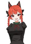  1girl :d ahoge animal_ears black_bow bow braid breasts cat_ears cat_girl commentary fang hair_bow highres kaenbyou_rin large_breasts long_sleeves looking_at_viewer open_mouth pochipechi056 red_eyes redhead side_braids smile solo touhou twin_braids upper_body 