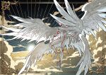  1boy akakokko_(niro_azarashi) birdmen closed_mouth clouds cloudy_sky covered_navel feathered_wings flying grey_hair hatching_(texture) light_rays male_focus multiple_wings red_eyes sky solo sun talons white_wings wings 