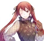  1girl armor fire_emblem fire_emblem_fates gloves hair_ribbon leather leather_gloves long_hair one_eye_closed red_eyes redhead ribbon selena_(fire_emblem_fates) shirt shoulder_armor smile solo twintails upper_body vest white_background yukimiyuki 