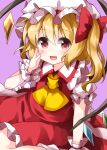  1girl ascot bangs blonde_hair collared_shirt crystal eyebrows_visible_through_hair flandre_scarlet frilled_skirt frills hair_between_eyes hand_on_own_face hat hat_ribbon highres medium_hair mob_cap open_mouth puffy_short_sleeves puffy_sleeves purple_background red_eyes red_ribbon red_skirt red_vest ribbon ruu_(tksymkw) shirt short_sleeves side_ponytail simple_background sitting skirt skirt_set smile solo touhou vest white_headwear white_shirt wings wrist_cuffs yellow_neckwear 