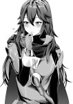  1girl ameno_(a_meno0) blush cape embarrassed fingerless_gloves fire_emblem fire_emblem_awakening flustered gloves hair_between_eyes long_hair looking_to_the_side lucina_(fire_emblem) monochrome solo sweatdrop symbol-shaped_pupils tiara white_background 
