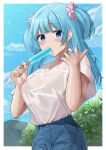 1girl aqua_hair bangs blue_eyes blue_shorts blue_sky blush border bra_through_clothes buttons clouds collarbone denim denim_shorts droplet eyebrows_visible_through_hair food food_in_mouth hands_up highres holding holding_food jewelry leaf long_hair looking_at_viewer magia_record:_mahou_shoujo_madoka_magica_gaiden mahou_shoujo_madoka_magica minami_rena noeru outdoors pink_scrunchie popsicle popsicle_stick ring scrunchie see-through shirt shirt_tucked_in short_sleeves short_twintails shorts sky solo sucking sweat sweatdrop twintails wet white_border white_shirt 