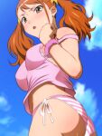  1girl anjou_naruko ano_hi_mita_hana_no_namae_wo_bokutachi_wa_mada_shiranai. ass bikini bikini_under_clothes blue_sky breasts brown_eyes brown_hair clouds earrings from_below hair_ornament jewelry long_hair medium_breasts off_shoulder open_mouth pink_shirt ribbon shiny shiny_hair shiny_skin shirt side-tie_bikini sky sleeveless sleeveless_shirt solo standing striped striped_bikini swimsuit twintails white_ribbon yadokari_genpachirou 