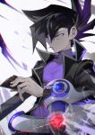  1boy aoki_(fumomo) bangs black_hair black_jacket closed_mouth duel_academy_uniform_(yu-gi-oh!_gx) grey_eyes hair_between_eyes highres jacket long_hair long_sleeves male_focus manjoume_jun open_clothes open_jacket purple_shirt shirt solo spiky_hair upper_body white_background yu-gi-oh! yu-gi-oh!_gx 