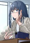  1girl bangs blue_eyes blue_hair blunt_bangs blush buttons closed_mouth desk elbows_on_table eyebrows_visible_through_hair fingernails glasses grey_jacket hand_on_own_cheek hand_on_own_face highres holding holding_pencil indoors jacket jewelry long_fingernails long_hair long_sleeves looking_at_another magia_record:_mahou_shoujo_madoka_magica_gaiden mahou_shoujo_madoka_magica mechanical_pencil nanami_yachiyo noeru open_clothes open_jacket paper pencil pencil_case pocket ring shirt solo table white_shirt window 