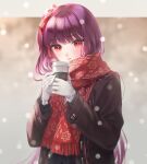  1girl black_coat blush coat coffee_cup cup disposable_cup eyebrows_visible_through_hair girls_frontline gloves hair_ribbon holding holding_cup long_hair looking_at_viewer open_mouth purple_hair red_eyes red_ribbon red_scarf ribbon scarf simple_background solo urano_ura wa2000_(girls_frontline) white_gloves winter_clothes winter_coat 