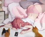  1girl alarm_clock animal animal_print ass bare_arms bed braid cat cat_ear_panties cat_print cellphone clock commentary dongho_kang hidden_face indoors long_hair lying midriff on_bed original panties phone pillow pink_hair pink_panties redhead shirt smartphone solo twin_braids underwear white_shirt 