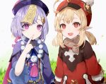  2girls :d ahoge backpack bag bangs dress genshin_impact hair_between_eyes hat hat_feather highres jewelry klee_(genshin_impact) long_hair long_sleeves looking_at_viewer low_twintails multiple_girls necklace open_mouth purple_hair qiqi red_dress red_eyes red_headwear smile twintails violet_eyes white_feathers younomiti 
