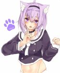  1girl ahoge animal_ear_fluff animal_ears black_choker black_shirt blush breasts cat_ears character_name choker commentary cropped_shirt eyebrows_visible_through_hair finger_to_mouth hair_between_eyes hairband hololive index_finger_raised light_purple_hair looking_at_viewer medium_breasts midriff navel nekomata_okayu open_mouth paw_print sailor_collar shirt short_hair simple_background solo techi_(siro-white_0803) upper_body violet_eyes virtual_youtuber white_background 