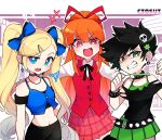  3girls anger_vein angry bare_shoulders black_hair blonde_hair blossom_(ppg) blue_bow blue_eyes bow breasts bright_pupils bubbles_(ppg) buttercup_(ppg) buttons ciosuii clenched_teeth english_commentary fang green_eyes green_skirt hair_bow hair_ornament hairclip highres looking_at_viewer multiple_girls navel open_mouth orange_hair pleated_skirt ponytail powerpuff_girls red_eyes red_vest short_hair skirt small_breasts spiky_hair standing teeth twintails vest white_pupils 