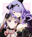  2girls black_bow black_gloves blonde_hair border bow breast_press breasts camilla_(fire_emblem) elise_(fire_emblem) fire_emblem fire_emblem_fates gloves grin hair_bow hair_over_one_eye heart highlights large_breasts long_hair looking_at_viewer multicolored_hair multiple_girls outside_border pink_background purple_gloves purple_hair red_eyes rem_sora410 shiny shiny_hair siblings sisters smile twintails upper_body violet_eyes white_border 