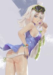  1girl aa-12_(girls_frontline) absurdres ahoge blue_dress blue_eyes candy cirilla dress eyebrows_visible_through_hair eyewear_on_head food girls_frontline highres holding holding_candy holding_food holding_lollipop lollipop long_hair looking_at_viewer open_mouth panties panty_lift silver_hair simple_background solo standing underwear white_panties 