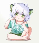  1boy animal_ears bare_legs barefoot cat_ears child green_eyes green_shorts looking_at_viewer luoxiaohei print_shirt shirt short_hair short_sleeves shorts simple_background smile solo the_legend_of_luo_xiaohei user_jnpf3343 white_background white_hair white_shirt 