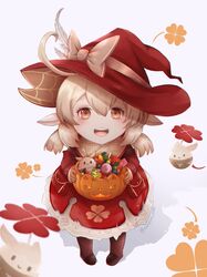  1girl :3 :d absurdres ahoge bangs boots candy dress eun_(eunice) food genshin_impact hair_between_eyes hat hat_feather highres holding holding_food holding_pumpkin holding_vegetable klee_(genshin_impact) knee_boots lollipop long_sleeves looking_at_viewer low_twintails open_mouth pointy_ears pumpkin red_dress red_eyes red_headwear silk smile spider_web trick_or_treat twintails vegetable white_feathers witch_hat 