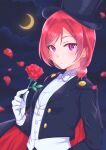  1girl absurdres bangs black_headwear black_jacket blush crescent_moon crossdressinging flower gloves hair_between_eyes hat highres holding holding_flower jacket kobayashi_nyoromichi long_sleeves looking_at_viewer love_live! love_live!_school_idol_project moon night nishikino_maki open_clothes open_jacket outdoors parted_lips red_flower red_rose redhead rose shiny shiny_hair shirt short_hair sky solo star_(sky) starry_sky tied_hair upper_body violet_eyes white_gloves white_neckwear white_shirt 
