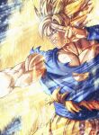  1boy absurdres aura bare_pecs blonde_hair blue_eyes dragon_ball dragon_ball_z energy highres huge_filesize looking_to_the_side male_focus muscle orange_pants pectorals salute shirt sleeveless smile solo son_goku spiky_hair sumutemu super_saiyan torn_clothes torn_shirt 