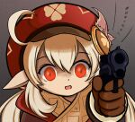  1girl :d ahoge aiming_at_viewer bangs commentary dress empty_eyes english_commentary genshin_impact gun hair_between_eyes handgun hat hat_feather highres holding holding_gun holding_weapon klee_(genshin_impact) long_hair long_sleeves looking_at_viewer low_twintails open_mouth pistol pointy_ears red_dress red_eyes red_headwear smile solo twintails vincebutler1509 weapon white_feathers 