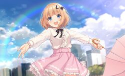  1girl :d bangs black_bow blonde_hair blouse blue_eyes blunt_bangs bow bowtie center_frills cityscape clouds collared_shirt commentary_request cowboy_shot day frilled_skirt frills hair_bow indie_virtual_youtuber lace_sleeves long_sleeves open_mouth outdoors pink_skirt rainbow shiratori_kurumi shiromikan shirt short_hair skirt sky smile solo umbrella virtual_youtuber water_drop white_blouse 