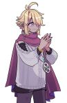  androgynous blonde_hair bracelet cape cowboy_shot ear_piercing earrings hair_ornament hairclip highres iccoco jewelry long_sleeves mole mole_under_mouth necklace original piercing safety_pin short_hair simple_background solo sweater violet_eyes white_background 