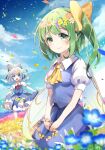  2girls absurdres ametama_(runarunaruta5656) blue_skirt blue_vest blush bow cirno closed_mouth collared_shirt commentary daiyousei fairy fairy_wings field flower flower_field full_body green_eyes green_hair hair_bow highres looking_at_viewer medium_hair medium_skirt multiple_girls nature outdoors puffy_short_sleeves puffy_sleeves seiza shirt short_sleeves side_ponytail sitting skirt skirt_hold skirt_set smile solo_focus touhou vest white_shirt wing_collar wings wreath 