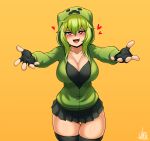  1girl black_legwear black_skirt blush breasts creeparka creeper fang green_hair heart heart-shaped_pupils highres hood hoodie incoming_hug jmg large_breasts looking_at_viewer meme minecraft miniskirt my_little_pogchamp_(meme) nose_blush outstretched_arms personification pleated_skirt red_eyes skirt slender_waist solo symbol-shaped_pupils thick_thighs thigh-highs thigh_gap thighs yellow_background 