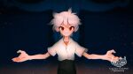  1boy blush collared_shirt eyebrows_visible_through_hair german_commentary grey_hair nagisa_kaworu neon_genesis_evangelion orange_shirt outstretched_arms perisceris red_eyes shirt short_hair short_sleeves signature smile solo spread_arms upper_body white_shirt 