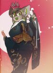  1girl :d animal_ears blue_kimono colored_skin cup earrings fangs furry green_eyes green_tongue grey_fur grey_skin halftone halo hands_up highres holding holding_cup japanese_clothes jewelry kimono kuroi-chan_(kuroi_moyamoya) kuroi_moyamoya long_sleeves looking_at_viewer obi open_mouth original sash slit_pupils smile solo wide_sleeves yellow_sash 