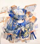  1girl ahoge arknights bandage_on_face bandages chibi closed_mouth cube grey_footwear grey_hair haku9638 highres horns long_hair orange_eyes outline saria_(arknights) shield solo standing traditional_media very_long_hair white_outline 