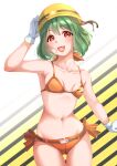  1girl absurdres arm_up ass_visible_through_thighs bow bra breasts character_request collarbone cowboy_shot gloves gradient gradient_background green_hair highres kobayashi_nyoromichi looking_at_viewer micro_shorts navel orange_bow orange_bra orange_shorts shiny shiny_hair short_hair shorts sideboob small_breasts solo standing striped striped_background thigh_gap under_boob underwear white_gloves yellow_headwear 