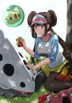  1girl aqua_eyes bag berry_(pokemon) black_legwear blush bottle breasts brown_hair closed_mouth collarbone double_bun eyebrows_visible_through_hair floating gen_3_pokemon gen_5_pokemon grass hand_on_another&#039;s_head hat highres kneeling lairon large_breasts legwear_under_shorts logo long_hair long_sleeves looking_at_another multicolored multicolored_clothes noeru outdoors pantyhose pecha_berry poke_ball poke_ball_(basic) pokemon pokemon_(creature) pokemon_(game) pokemon_bw2 rosa_(pokemon) shorts smile solosis spray_bottle tepig tree visor visor_cap yellow_shorts 