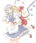  2girls ^^^ apron arnest bangs blonde_hair blue_dress blue_eyes blush bow braid closed_eyes crystal dress eyebrows_visible_through_hair flandre_scarlet frilled_apron frilled_dress frills green_bow green_neckwear grey_hair hair_bow hat heart highres hug hug_from_behind izayoi_sakuya juliet_sleeves long_sleeves maid_apron maid_headdress mob_cap multiple_girls neck_ribbon open_mouth puffy_short_sleeves puffy_sleeves red_bow red_dress red_footwear ribbon shirt short_sleeves socks spoken_heart touhou white_background white_headwear white_shirt wings 