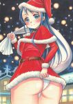  ass bag blue_eyes blue_hair graphite_(medium) hat kantai_collection long_hair looking_back marker_(medium) panties samidare_(kantai_collection) santa_costume santa_hat shawl tomoeri traditional_media underwear very_long_hair white_panties 