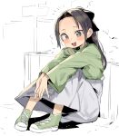  1girl :d bangs black_bow black_hair blush bow commentary_request fang forehead full_body gomibox green_footwear green_shirt grey_eyes hair_bow knees_up long_sleeves open_mouth original parted_bangs ponytail shirt shoes sitting skirt smile solo white_skirt wide_sleeves 