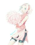  1girl :d aqua_eyes bandaged_leg bandages bike_shorts black_shorts cowboy_shot hair_intakes haruno_sakura headband highres jacket midriff mochiii-s naruto_(series) naruto_shippuuden navel open_mouth pink_hair pink_jacket pom_poms red_headband short_hair shorts simple_background sleeveless sleeveless_jacket smile solo standing stomach twitter_username white_background 