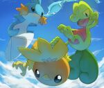  black_eyes blue_sky clouds cloudy_sky commentary creature day english_commentary full_body gen_3_pokemon looking_at_viewer mudkip no_humans outdoors pinkgermy pokemon pokemon_(creature) sky starter_pokemon starter_pokemon_trio torchic treecko water 