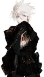  1boy absurdres blue_eyes closed_mouth earrings eyebrows_visible_through_hair fate_(series) hair_between_eyes highres holding jewelry karna_(fate) male_focus simple_background single_earring solo standing surume_(su1193) white_background white_hair 
