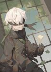  18660081532 1boy absurdres black_blindfold black_coat black_gloves blindfold choker coat from_above gloves highres male_focus nier:automata nier_(series) short_hair shorts smile solo uniform white_hair yorha_no._9_type_s 