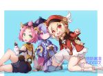  3girls :d absurdres ahoge animal_ear_fluff animal_ears backpack bag bangs cat_girl coconut diona_(genshin_impact) dress fang full_body genshin_impact green_eyes hair_between_eyes hat hat_feather highres jewelry klee_(genshin_impact) long_hair long_sleeves looking_at_viewer low_twintails moe_shin_image_residue multiple_girls necklace open_mouth pink_hair pointy_ears purple_hair qiqi red_dress red_eyes red_headwear shorts sitting smile twintails violet_eyes white_feathers white_legwear 