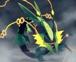  claws commentary creature dark_sky dragon english_commentary full_body gen_3_pokemon legendary_pokemon marc_azria mega_pokemon mega_rayquaza no_humans orange_eyes outdoors pokemon pokemon_(creature) rayquaza solo 