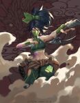  1girl absurdres akali arm_tattoo bare_shoulders belt black_hair brown_eyes brush_l dated dragon dual_wielding hair_between_eyes highres holding holding_weapon kunai league_of_legends long_hair mask mouth_mask navel ninja ponytail rope rope_belt sickle signature smoke solo tattoo weapon 