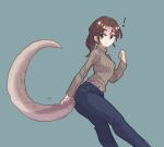  ! 1girl blue_background blue_pants brown_eyes brown_hair brown_sweater closed_mouth denim feet_out_of_frame from_side jeans lizard_tail long_sleeves looking_back original pants ponytail popopoka ribbed_sweater simple_background solo sweater tail tail_raised 