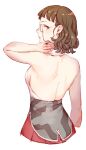  1girl arm_at_side arm_up back backless_outfit bangs bare_back bare_shoulders breasts brown_eyes brown_hair closed_mouth cropped_legs cross cross_earrings earrings fingernails from_behind glasses halter_top halterneck head_tilt highres jewelry kantai_collection lips looking_at_viewer looking_back medium_breasts nail_polish pince-nez profile red_skirt roma_(kantai_collection) shirt short_hair simple_background skirt sleeveless sleeveless_shirt solo uyama_hajime wavy_hair white_background white_nails 