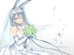  animal_ears arknights blue_background bouquet bridal_veil bride character_name diamond_(gemstone) dress elbow_gloves flower frostnova_(arknights) gloves gradient gradient_background hair_ornament highres holding holding_bouquet ice rabbit_ears scar scar_on_face scar_on_nose snowflake_choker snowflake_hair_ornament strapless strapless_dress veil wedding_dress white_background white_dress yu_ji_miao 