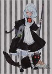  1girl animal apron black_cat black_dress black_footwear cat dress fish_skeleton frilled_apron frills full_body green_eyes grey_hair hair_ornament high_heels holding holding_animal holding_cat holding_mop l_hakase maid maid_apron maid_headdress medium_hair mop original red_eyes solo standing striped striped_legwear 